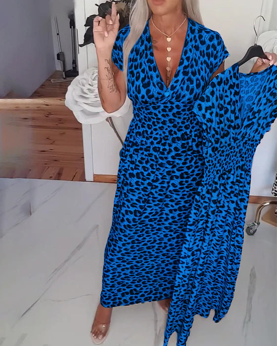 Leopar Desenli V Yakalı Şık Elbise