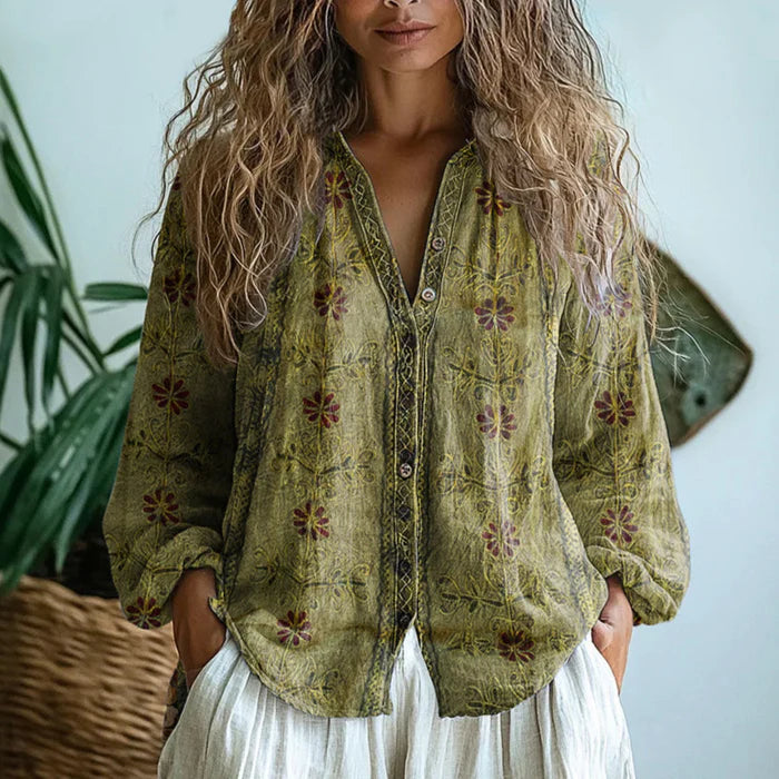 Ambre™ | Vintage Yaprak Desenli Bluz