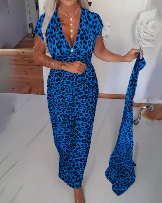 Leopar Desenli V Yakalı Şık Elbise