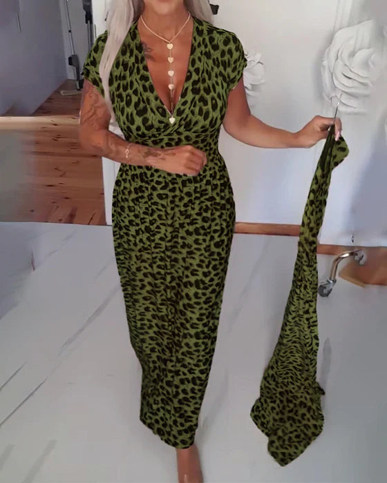 Leopar Desenli V Yakalı Şık Elbise