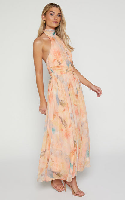 Halter Yaka Akvarel Desenli Maxi Elbise