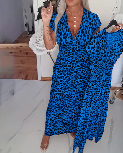 Leopar Desenli V Yakalı Şık Elbise