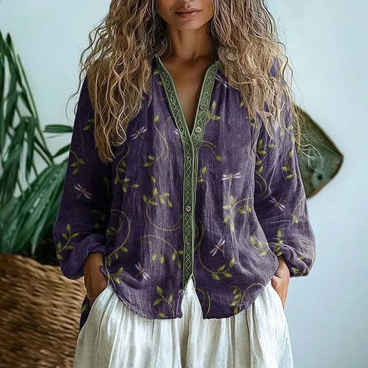 Ambre™ | Vintage Yaprak Desenli Bluz