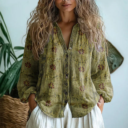 Ambre™ | Vintage Yaprak Desenli Bluz