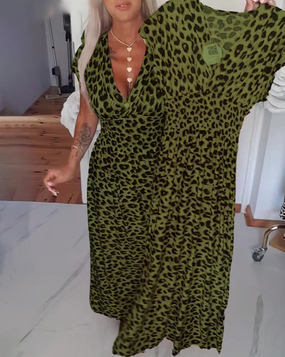 Leopar Desenli V Yakalı Şık Elbise