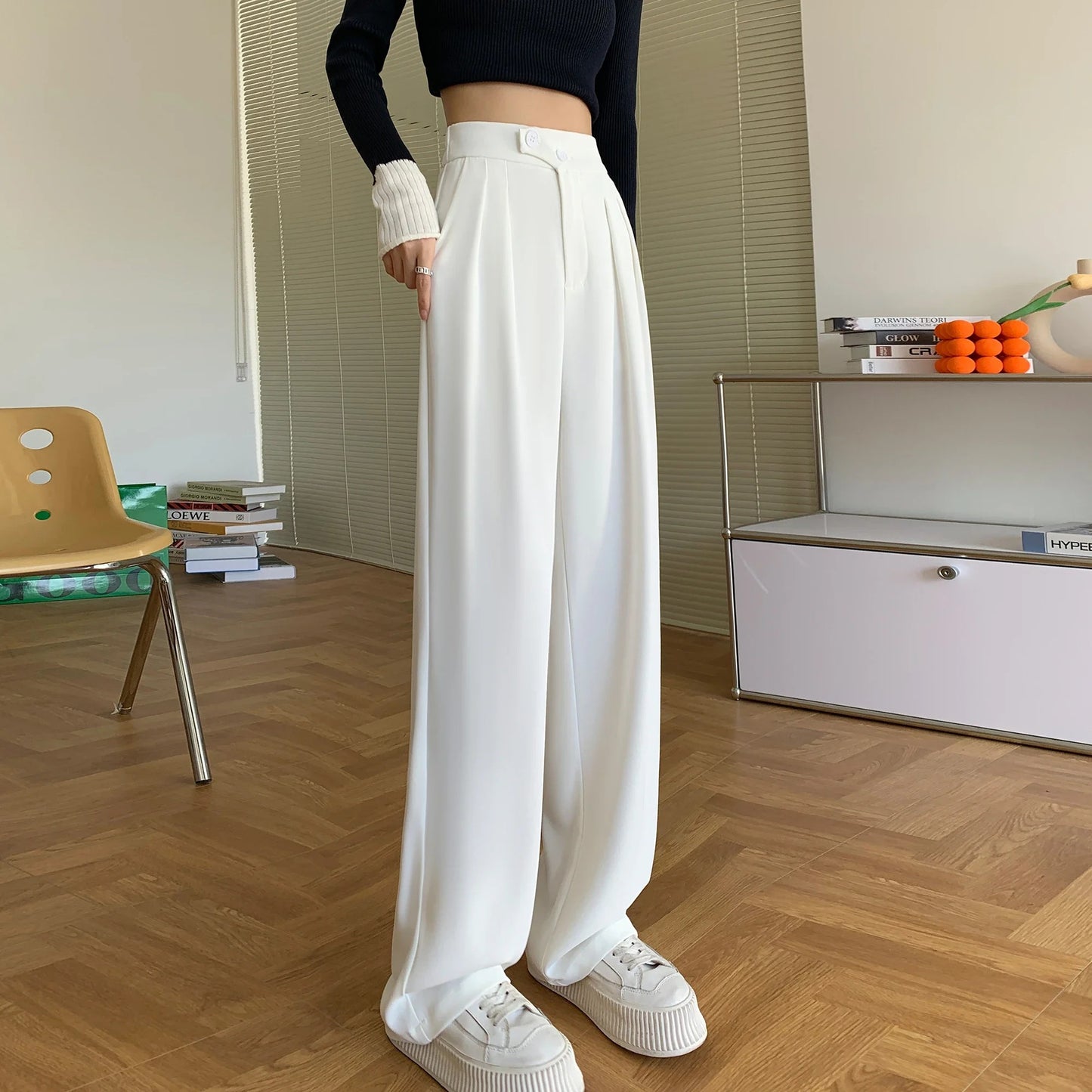 Beyaz Minimalist Yüksek Bel Geniş Paça Pantolon