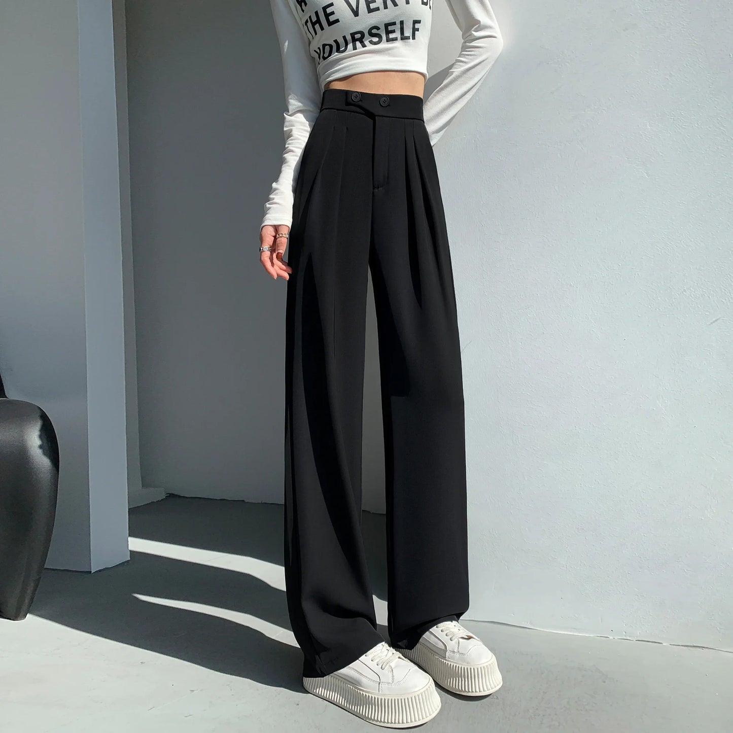 Beyaz Minimalist Yüksek Bel Geniş Paça Pantolon